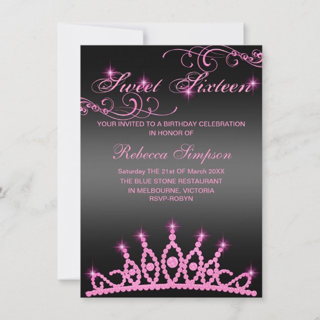 Invitación de cumpleaños con tiara de lentejuelas  (Anverso)
