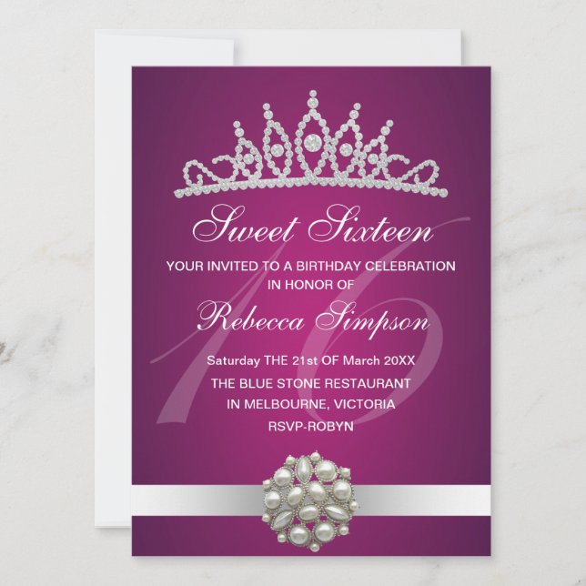 Invitación de cumpleaños con tiara rosa, diamantes (Anverso)