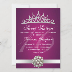 Invitación de cumpleaños con tiara rosa, diamantes