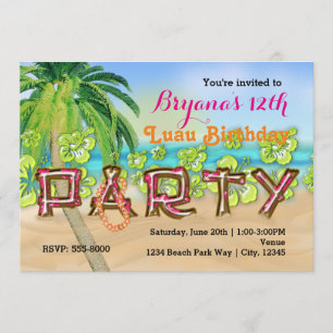 Invitación de cumpleaños con tipografía Luau Beach