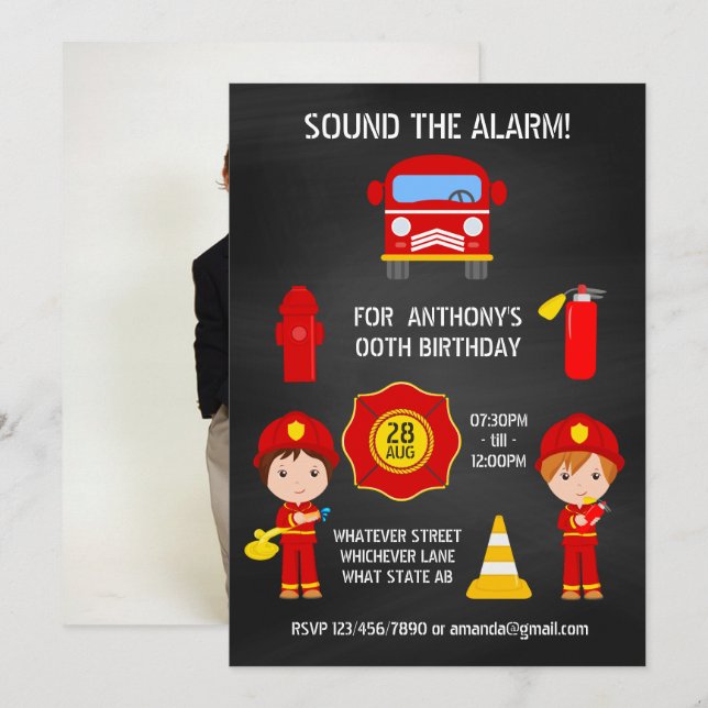 Invitación de cumpleaños con tiza para bombero con (Anverso / Reverso)