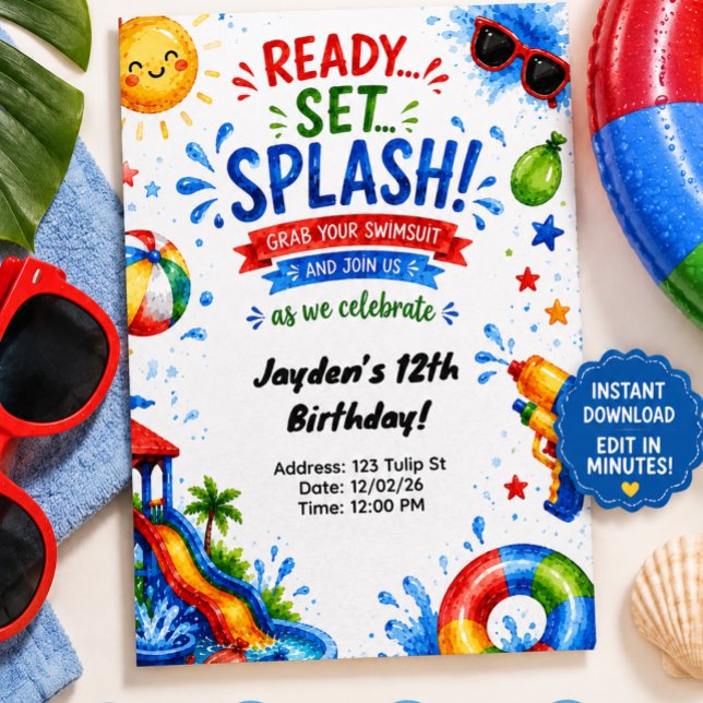 Invitación de cumpleaños con tobogán de agua para  (Subido por el creador)