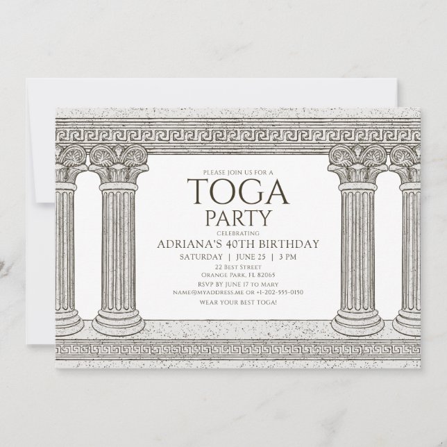 Invitación de cumpleaños con toga con columnas de  (Anverso)
