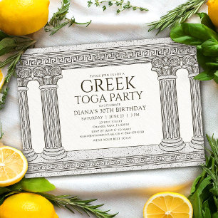 Invitación de cumpleaños con toga griega y columna