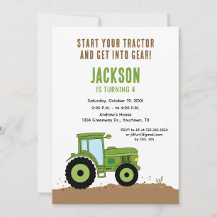 Invitación de cumpleaños con tractor en verde