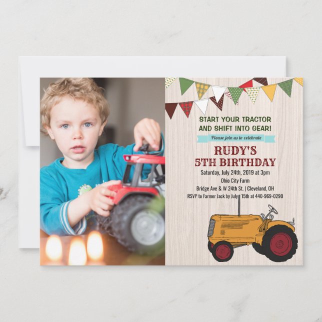 INVITACIÓN DE CUMPLEAÑOS CON TRACTOR PARA CUALQUIE (Anverso)