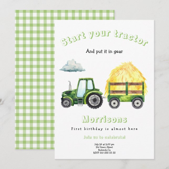 Invitación de cumpleaños con Tractor Verde (Anverso / Reverso)
