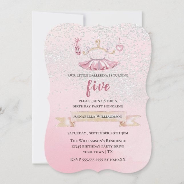 Invitación de cumpleaños con tutú lindo y zapatos  (Anverso)