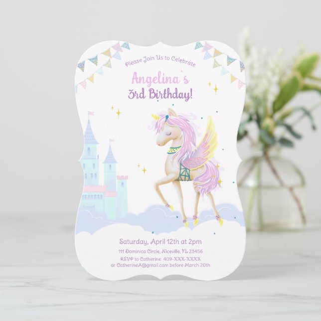 Invitación de cumpleaños con un adorable unicornio (Anverso de pie)