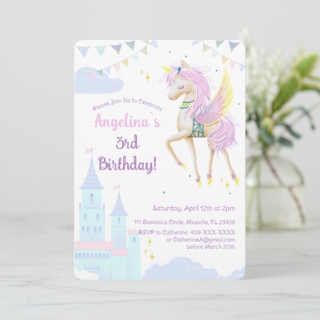 Invitación de cumpleaños con un adorable unicornio (Anverso de pie)