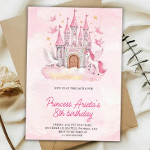 Invitación de cumpleaños con un castillo rosa