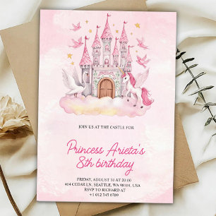 Invitación de cumpleaños con un castillo rosa