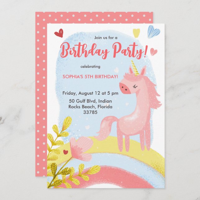 Invitación de cumpleaños con un unicornio rosa (Anverso / Reverso)