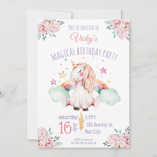 Invitación de cumpleaños con unicornio y arcoiris (Anverso)