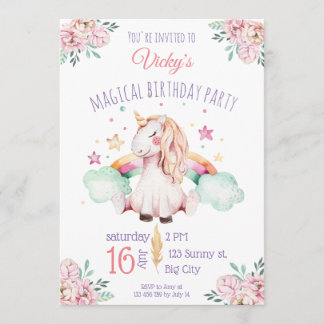 Invitación de cumpleaños con unicornio y arcoiris