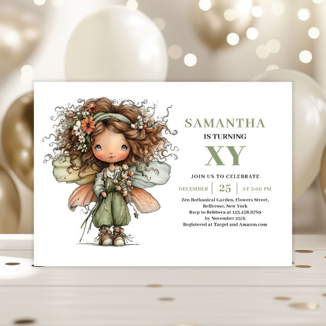 Invitación de Cumpleaños con Vegetación de Niña Ha (Cute Fairy Girl Birthday Greenery Invitation)