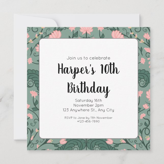Invitación de cumpleaños con vid floral vintage (Reverso)