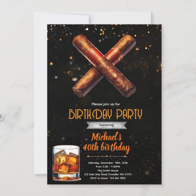 Invitación de cumpleaños con Whiskey y Cigarros (Anverso)