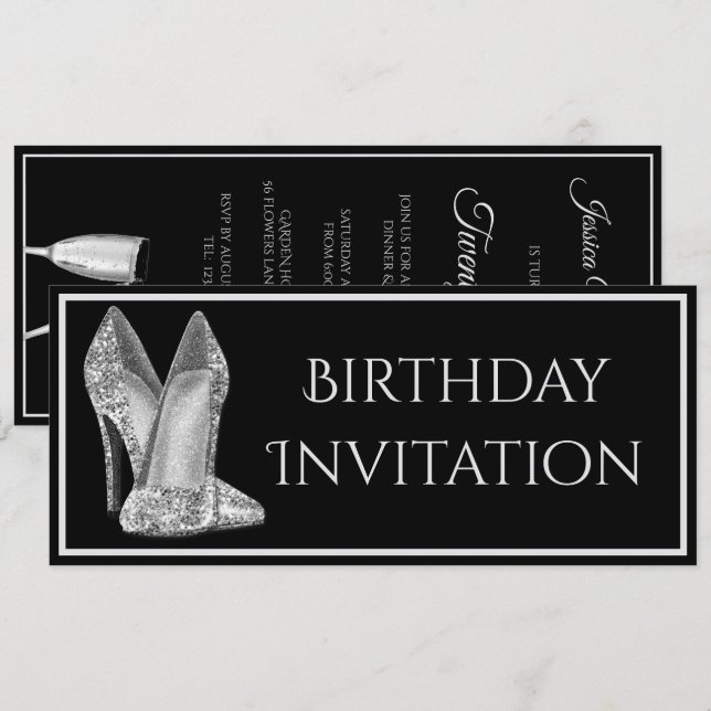 Invitación de cumpleaños con zapatos brillantes y  (Anverso / Reverso)