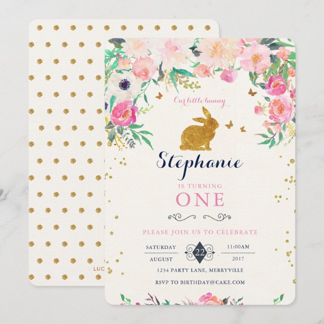 Invitación de cumpleaños conejita (Anverso / Reverso)