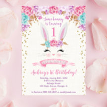 Invitación de cumpleaños conejo rosa y oro primero