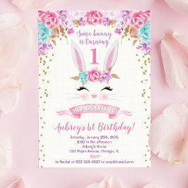 Invitación de cumpleaños conejo rosa y oro primero