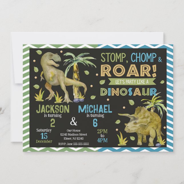 Invitación de cumpleaños conjunta de dinosaurios h (Anverso)