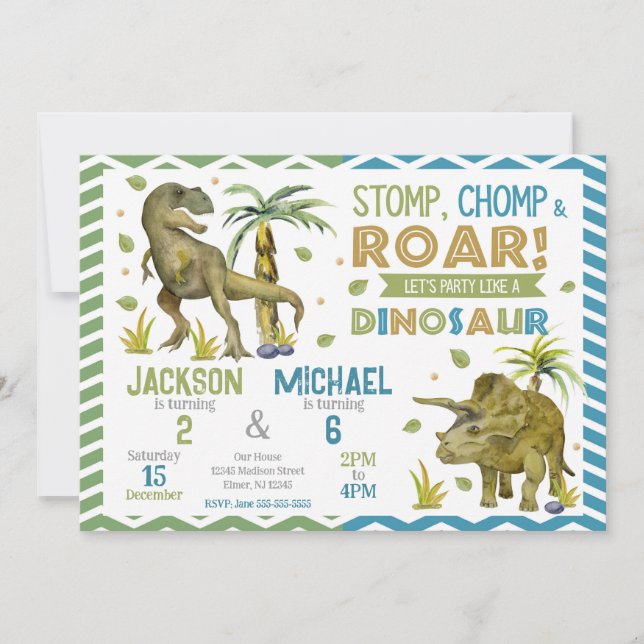 Invitación de cumpleaños conjunta de dinosaurios h (Anverso)