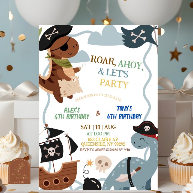 invitación de cumpleaños conjunta de piratas dino (Subido por el creador)