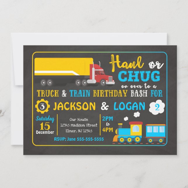 Invitación de cumpleaños conjunta de Semi Truck y  (Anverso)