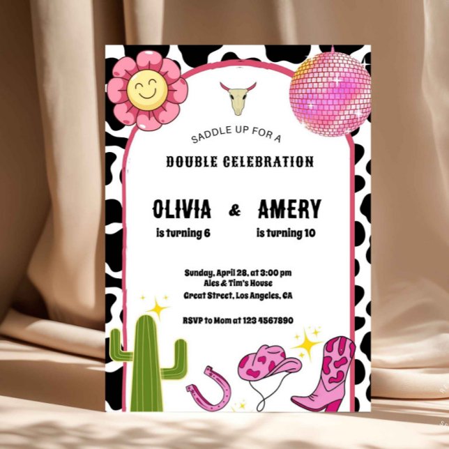 Invitación de cumpleaños conjunta de vaquera disco (cowgirl disco invitation, western birthday invite, cow print party invite, double birthday invitatio)