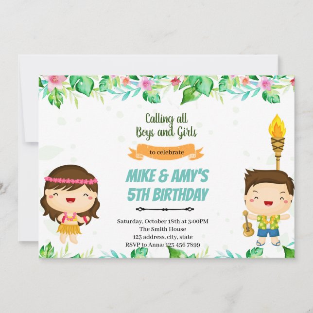 Invitación de cumpleaños conjunta de verano tropic (Anverso)