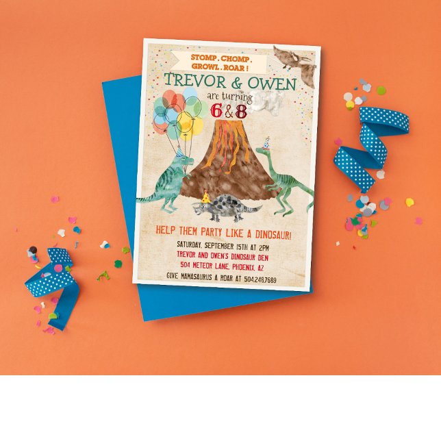 Invitación de cumpleaños conjunta doble de dinosau (Subido por el creador)
