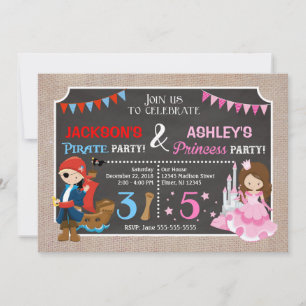 Invitación de cumpleaños conjunta Princesa y Pirat