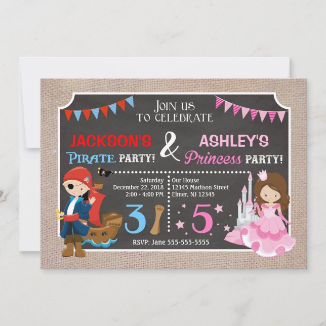 Invitación de cumpleaños conjunta Princesa y Pirat (Anverso)
