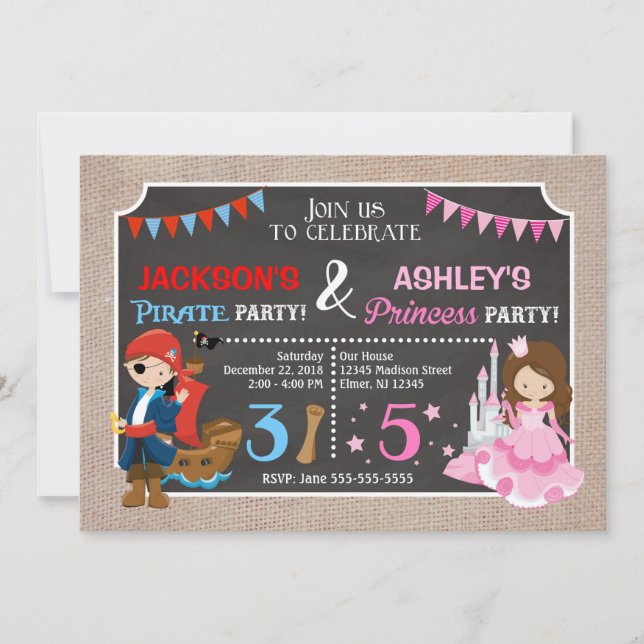 Invitación de cumpleaños conjunta Princesa y Pirat (Anverso)