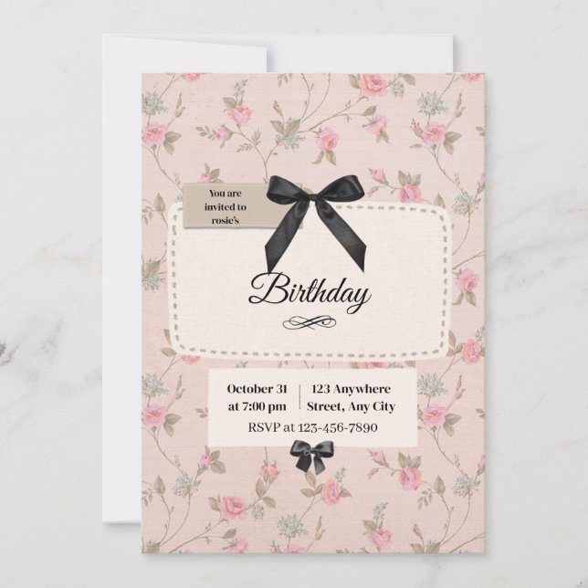 Invitación de cumpleaños coqueta con lazo floral e (Anverso)