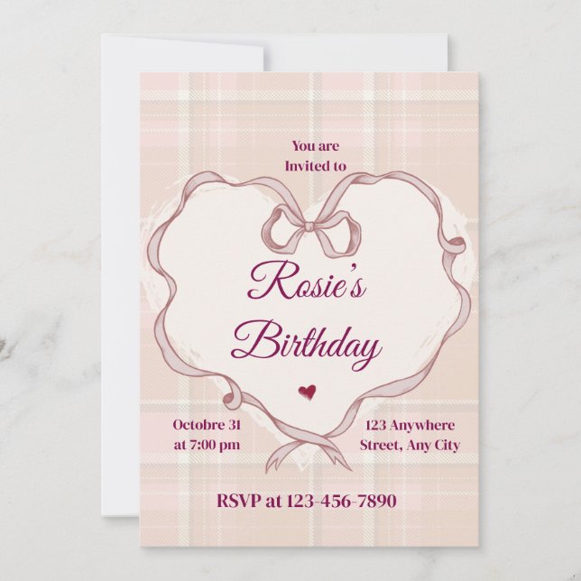 Invitación de cumpleaños coqueta con lazo rosa ele (Anverso)