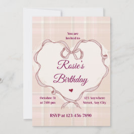 Invitación de cumpleaños coqueta con lazo rosa ele