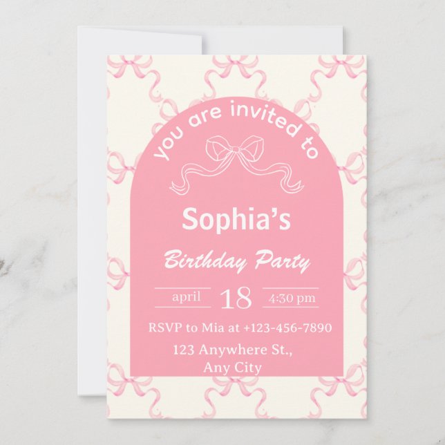 Invitación de cumpleaños coqueta con lazo rosa lin (Anverso)