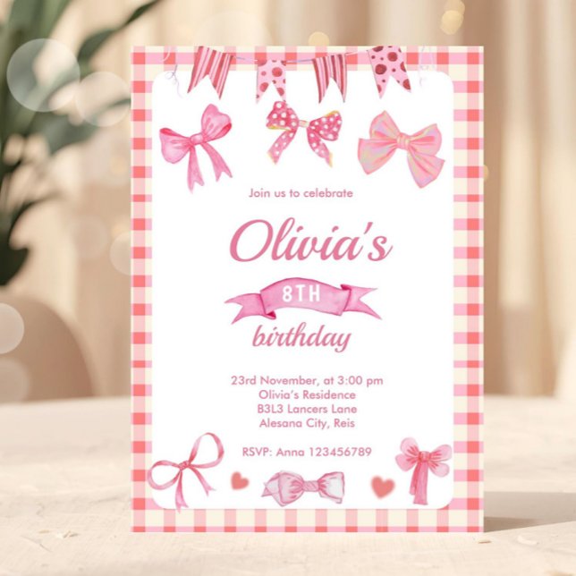 Invitación de Cumpleaños Coqueta con Lindo Lazo Ro (pink bow birthday, invite with bows, pink ribbon, large bow, coquette, baby girl, girly trendy, hear)