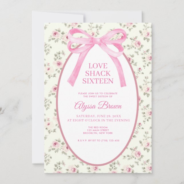 Invitación de cumpleaños coqueta Sweet 16 con lazo (Anverso)