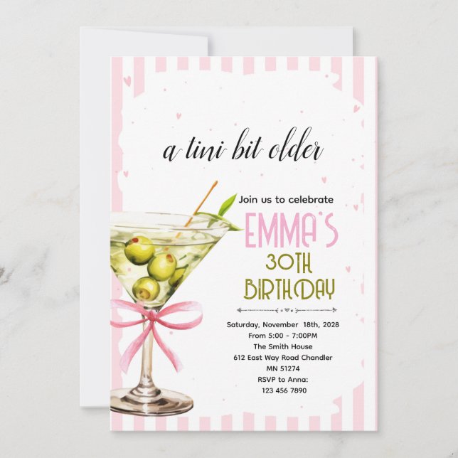 Invitación de cumpleaños Coquette Martini (Anverso)