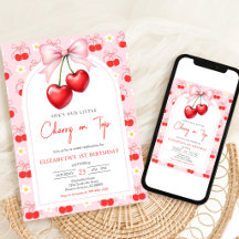 Invitación de cumpleaños Coquette Pink Bow Cherry
