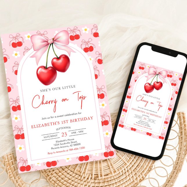 Invitación de cumpleaños Coquette Pink Bow Cherry (Subido por el creador)