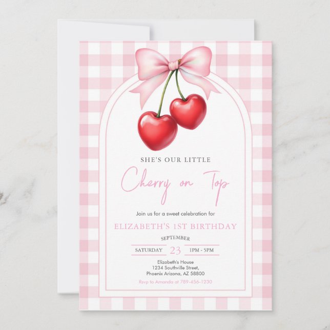 Invitación de cumpleaños Coquette Pink Bow Cherry (Anverso)