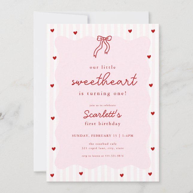 Invitación de cumpleaños Corazón Rojo Rosa Pequeña (Anverso)