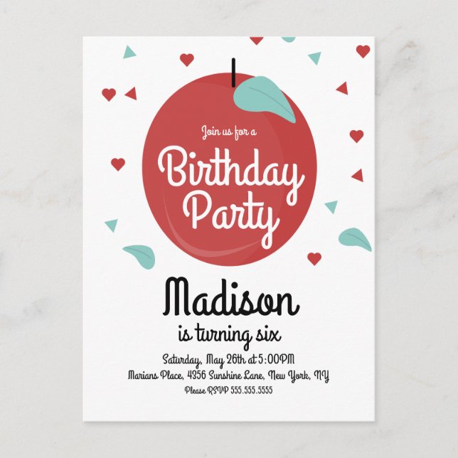 Invitación de cumpleaños corazones confeti manzana (Anverso)