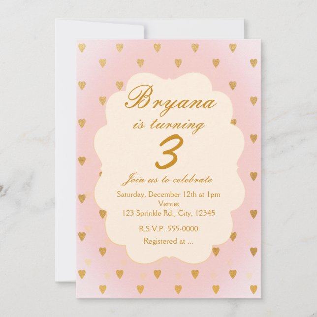 Invitación de cumpleaños corazones dorados y niñas (Anverso)