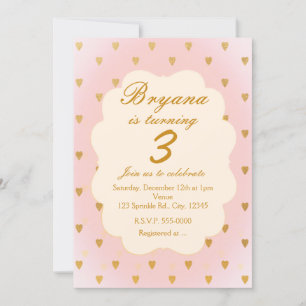 Invitación de cumpleaños corazones dorados y niñas